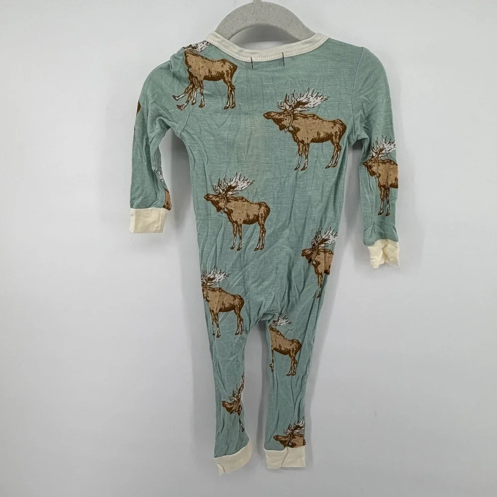 Milkbarn Kids Blue Moose Bamboo Zipper Pajama Romper One Piece Sleeper NWT 9-12M